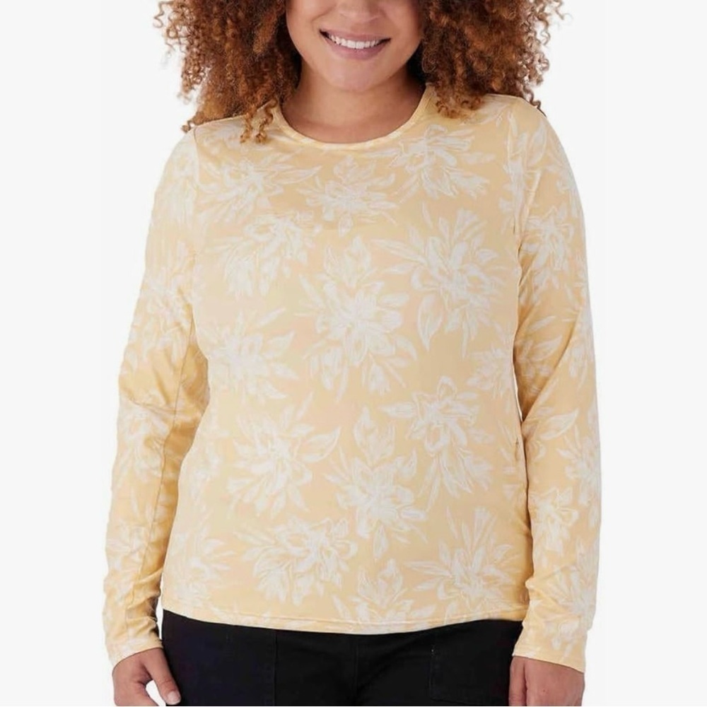 Hang Ten Sunray LS Sun Tee Floral Swim Shirt Rash Guard-Yellow/White-Women Small